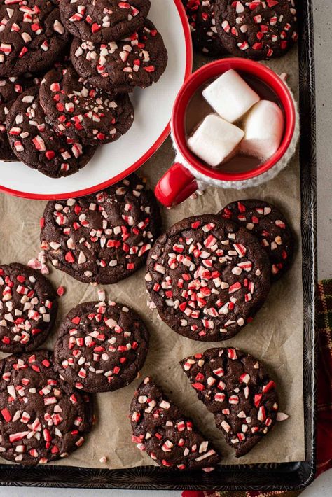 These Chocolate Peppermint Cookies feature soft, chewy chocolate cookies studded with peppermint crunch baking chips. Made with just 10 ingredients, they're perfect for the holidays. Peppermint Chip Cookies, Chocolate Cookies Christmas, Peppermint Chocolate Cookies, Peppermint Crunch, Popular Desserts Recipes, Holiday Baking List, Baking Chips, Chocolate Peppermint Cookies, Chewy Chocolate Cookies