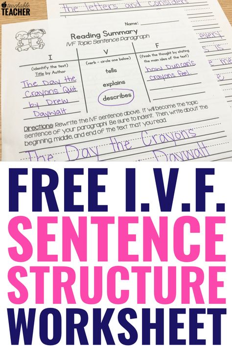 Teach students to write amazing topic sentences using the I.V.F. strategy and these sentence structure worksheets. Get ready to see more confident writers! Build A Sentence Worksheet, Sentence Building Kindergarten, Sentence Structure Worksheets, Teaching Reading Fluency, Sentence Structure Activities, Sentence Worksheet, Build A Sentence, 2023 Classroom, Planning School