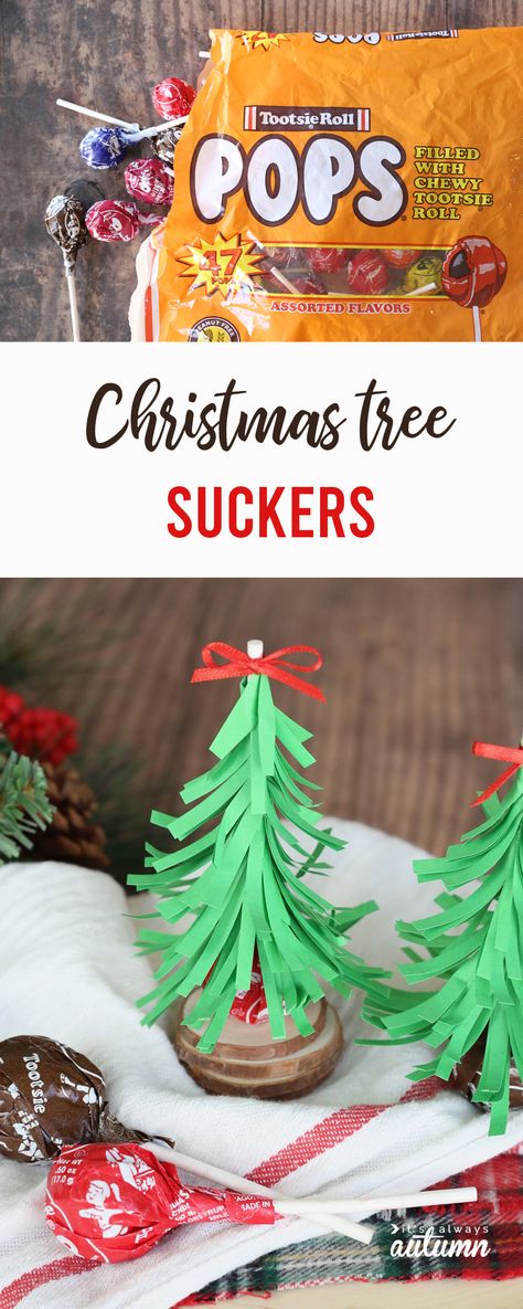 Christmas Tree Suckers {easy Christmas treat} - It's Always Autumn Christmas Suckers Diy, Prepackaged Christmas Treats, Prepackaged Christmas Treats For Kids, Christmas Suckers, Autumn Christmas Tree, Easy Christmas Treat, Kids Christmas Treats, Christmas Treats To Make, Sharing With Friends