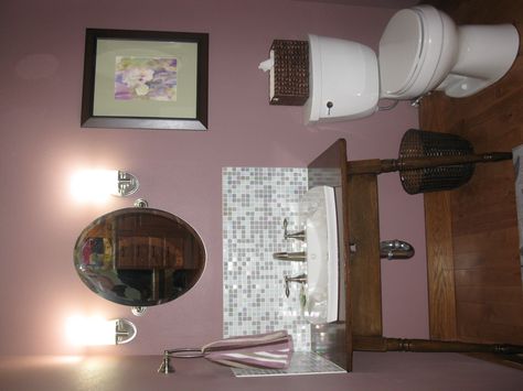 Our handicapped acessible powder room using and old dining table. Paint color is "socialite" by Sherwin Williams. Sherwin Williams Socialite, Socialite Sherwin Williams, Dresser Colors, Old Dining Table, Spare Bedroom, Half Bath, Big Girl Rooms, Kids Bath, Bathroom Kids