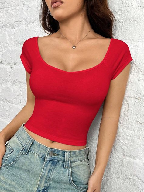 SHEIN EZwear Ribbed Slim Fit Knitted Ladies T-Shirt In RedI discovered amazing products on SHEIN.com, come check them out! Casual Cap, Running Pants, Ladies T Shirt, Women T Shirts, Casual T Shirts, Cap Sleeve, Slime, All Fashion, Women Clothing