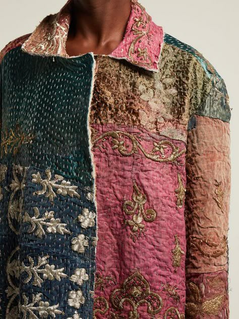 Hope panelled 19th-century silk jacket | By Walid | MATCHESFASHION.COM UK Pink Linen Trousers, Boro Stitching, By Walid, Wearable Art Clothing, Patchwork Clothes, Quilted Clothes, Classical Style, A Jacket, Silk Jacket