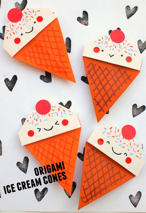 how to fold origami ice cream cones- super fun and cute kids craft Origami Ice Cream, Ice Cream Crafts, Origami Butterfly, Bookmarks Kids, Ice Cream Cones, How To Fold, Diy Origami, Paper Crafts Origami