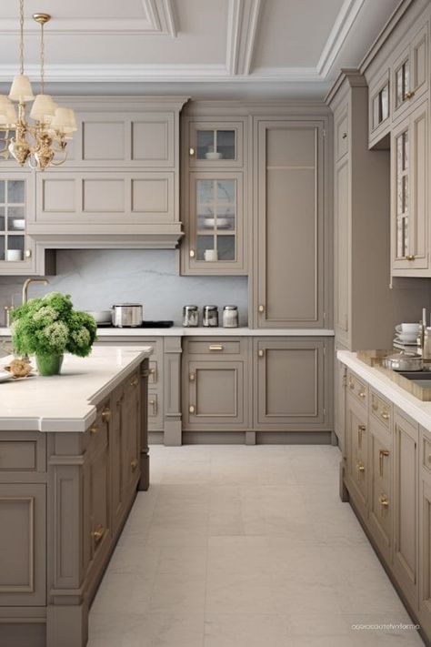 How to Infuse Warmth and Sophistication into Your Kitchen Griege Kitchens Modern, Taupe Cabinets Kitchen, Kitchen Colours Ideas, Dark Taupe Kitchen Cabinets, Griege Kitchens, Light Taupe Kitchen Cabinets, Light Brown Kitchen, Cape Cod Interiors, Taupe Kitchen Cabinets