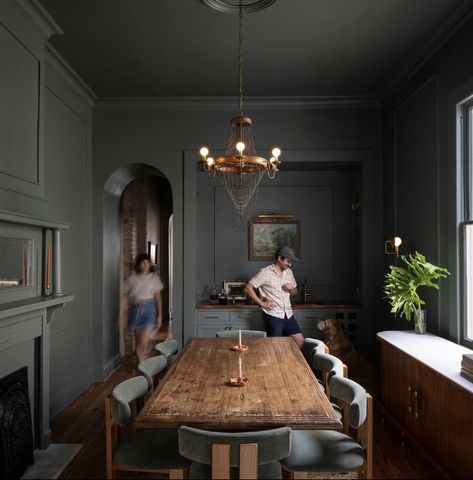 Green Dining Room, Home Transformation, Blue Accent Walls, Hidden Potential, Public Architecture, Chicago Architecture, Walnut Dining Table, Architectural Inspiration, Architecture Project