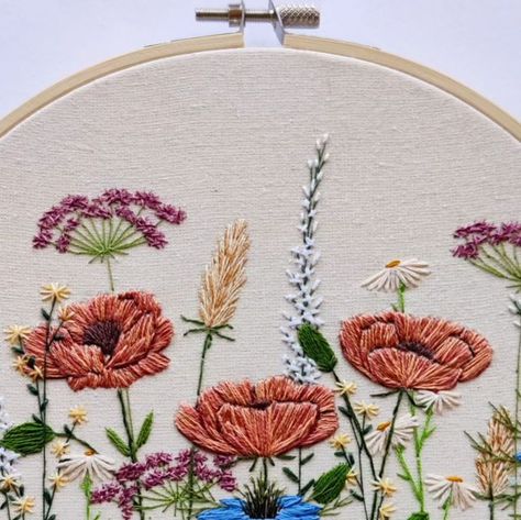 Embroidered Wild Flowers, Alstroemeria Embroidery, Embroidered Poppy Flower, Embroidery Poppy Flower, Wild Flowers Embroidery, Poppy Embroidery Pattern, Dahlia Embroidery, Poppy Flower Embroidery, Embroidery Poppy