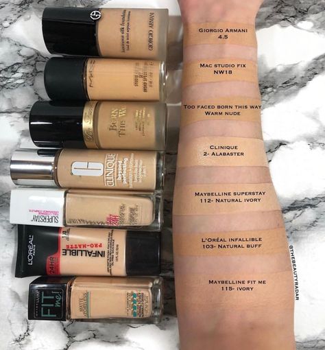 Too Faced Warm Nude Born This Way Foundation Dupes - All In The Blush Superstay Maybelline, Maybelline Fitme, Foundation Swatches, Luminous Silk Foundation, Makeup Shades, Makeup For Black Skin, Maybelline Super Stay, Affordable Makeup, Foundation Shades