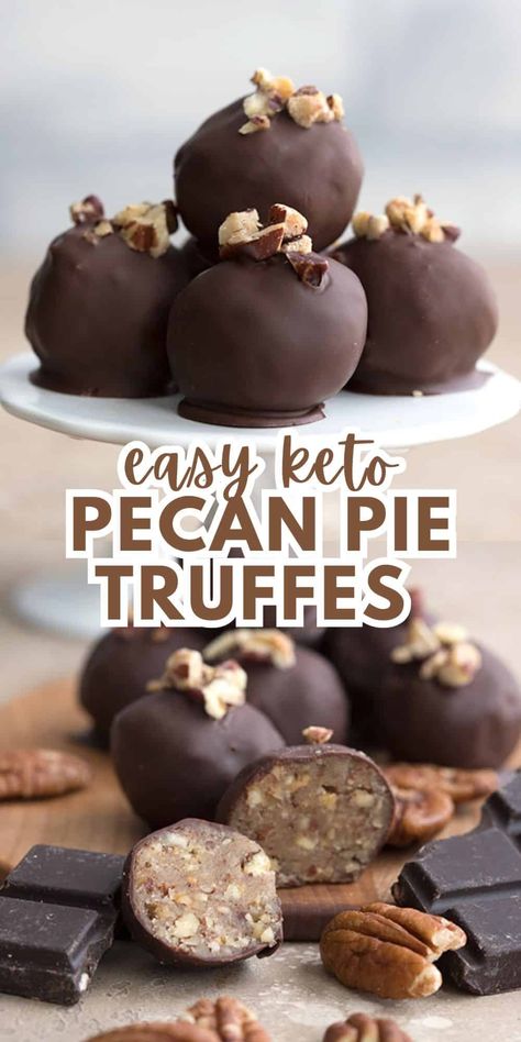 These Keto Pecan Pie Truffles are easy to make and so delicious! They are a perfect no bake sugar-free treat for any time of year. Keto Pecan Pie Bites, Keto Chocolate Pecans, Pecan Keto Recipes, No Bake Keto Pecan Pie Cheesecake, Keto Thanksgiving Desserts, Pecan Pie Truffles, Keto Pecan Pie Recipe, Low Carb Pecan Pie, Keto Pies