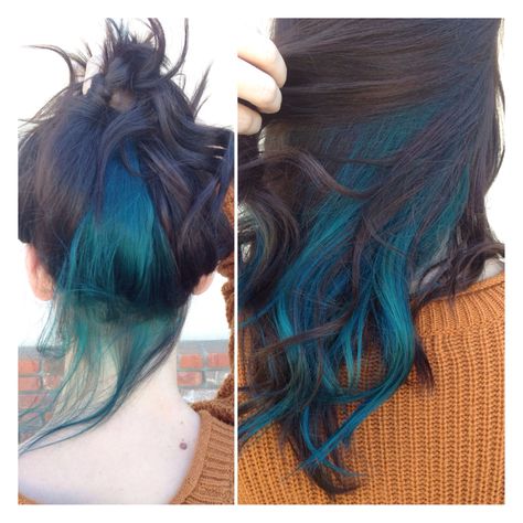 Vibrant teal. Achieved by mixing Joico's Cobalt Blue & Peacock Green Color Intensity. Peacock Green Hair Color, Peacock Blue Hair Color, Green Underlayer Hair, Coloured Underlayer Hair, Teal Hair Highlights, Peacock Green Color, Bright Blue Hair, Blue Hair Highlights, Hidden Hair Color