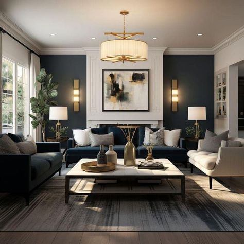 Contemporary Design Living Room, Living Room Designs Blue Sofa, Rebecca Robeson Design Living Room, Georgian Living Room Modern, Transitional Living Room With Color, Navy And Black Living Room, Colorful Interiors Living Room, Formal Living Room Ideas, Classic Contemporary Living Room