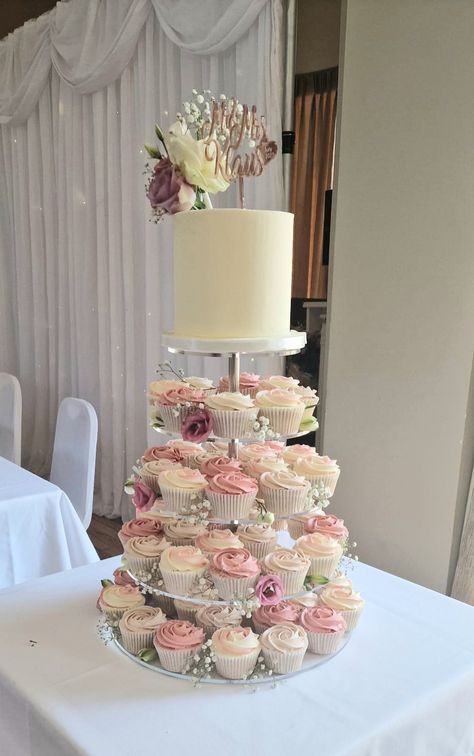 Cupxakes,  tower, wedding, pinks, Wedding Cupcakes And Cake, Blush And Bashful Cake, Cupcake Cakes Pull Apart Wedding, Rose Gold Wedding Cupcakes, Wedding Cupcakes Pink, Cupcake Tower Birthday, Cupcakes With Roses, Rose Gold Cupcakes, Pink Flower Cupcakes