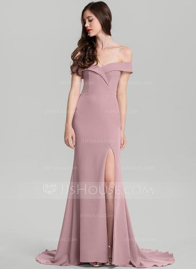 Sheath/Column Off-the-Shoulder Sweep Train Stretch Crepe Wedding Dress (002235607) - JJ's House Birthday Dress Girls Kids, Neoprene Gown, Satin Evening Dress, Black Skirt Outfits, Crepe Wedding Dress, Satin Evening Dresses, Satin Prom Dress, Stretch Crepe, Online Wedding Dress