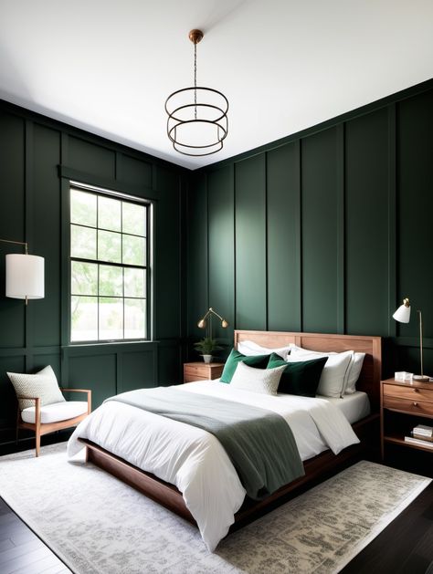 Dark Green Bedrooms, Cozy Bedroom Inspirations, Hunter Green Bedrooms, Emerald Green Bedrooms, Dark Green Rooms, Dark Wood Bedroom, Green Bedroom Walls, Green Accent Walls, Dark Green Walls