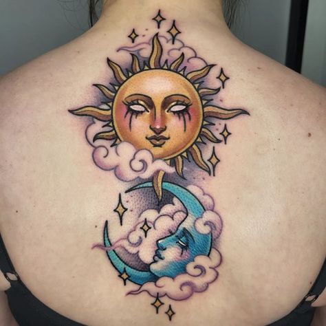 Alice Burke on Instagram: "Sun and moon for Tyler this morning! Sat like she was having a massage. 😂 apologies for swollen pores, whaddayagonnado? 🤷‍♀️ Done @highwater_gallery Spnsd by @butterluxe_uk Using @ghostcartridges" Tattoo Sonne, Realistisches Tattoo, Moon Stars Art, Moon Sun Tattoo, Blue Rose Tattoos, Insect Tattoo, Cloud Tattoo, Sun And Moon Drawings, Sun Tattoos