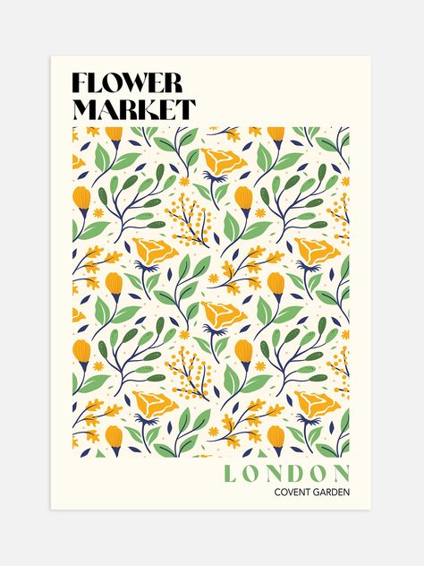 Brighten up your space with this Covent Garden Flower Market print. Instantly transport yourself to a botanical summer with a yellow and green floral pattern. Perfect for any home or office interior, it makes an ideal gift for friends and family. Make a statement and bring a touch of the London flower markets to your walls. Flower Market Prints, Flower Market Print, Market Poster, Flower Market Poster, Green Floral Pattern, Floral Poster, Sunflower Pattern, London Print, Decorating Inspiration