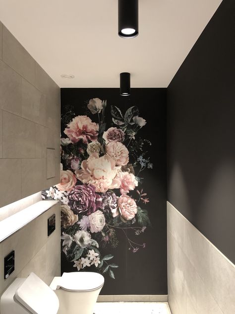 Chic Bathroom Ideas, Tiny Powder Room, Cloakroom Toilet, Dark Background Wallpaper, Wallpaper Interior Design, Salt And Light, Small Bathroom Makeover, Toilet Design, Chic Bathrooms