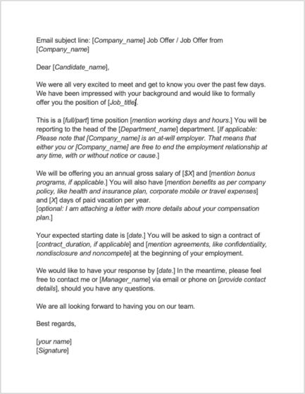 8 job offer letter templates for every circumstance (Plus Tips) | Workable Job Offer Letter, Offer Letter, Write An Email, Acceptance Letter, Email Subject Lines, List Of Jobs, Thank You Letter, Letter Example, Reference Letter