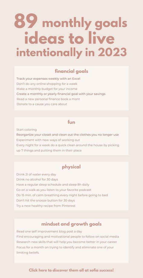 89 monthly goals ideas to live intentionally in 2023 Weekly To Do List Example, Monthly Health Goals, Things To Plan Each Month, 3 Month Goals Ideas, Exercise Goals Ideas, Finance Goals Ideas, 12 Week Year Goals Ideas, Personal Growth Goals Ideas, 2024 Goals Ideas