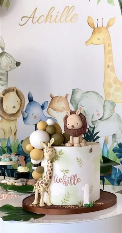 Jungle Cakes, Jungle Cake, Safari Cakes, Fondant Cake Topper, Fondant Animals, Baby Boy Room Nursery, Gender Reveal Cake, Baby Birthday Cakes, 1st Birthday Cake