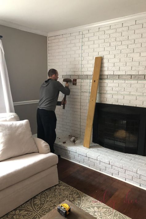 Brick Fireplace With Brick Mantle, Extra Wide Fireplace Mantle, Off Center Fireplaces, Built In Brick Fireplace, Fireplace Wall Remodel, Brick Wall With Fireplace Makeover, Old Fireplace Remodel, Whole Brick Wall Fireplace Makeover, Off Center Brick Fireplace