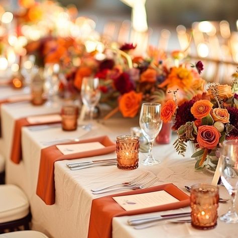 A collection of Summer wedding tablescapes to help inspire your Summer wedding. From coastal to rustic, boho, and so many more. There is a wedding tablescape for everyone. Wedding Fall Table Setting, Fall Wedding Simple Table Decor, Fall Rehearsal Dinner Table Decor, Fall Wedding Tablescapes Round Tables, Rust Orange Wedding Decor, Fall Tablescapes Wedding, September Coastal Wedding, Burnt Orange Wedding Table Setting, Fall Wedding Modern