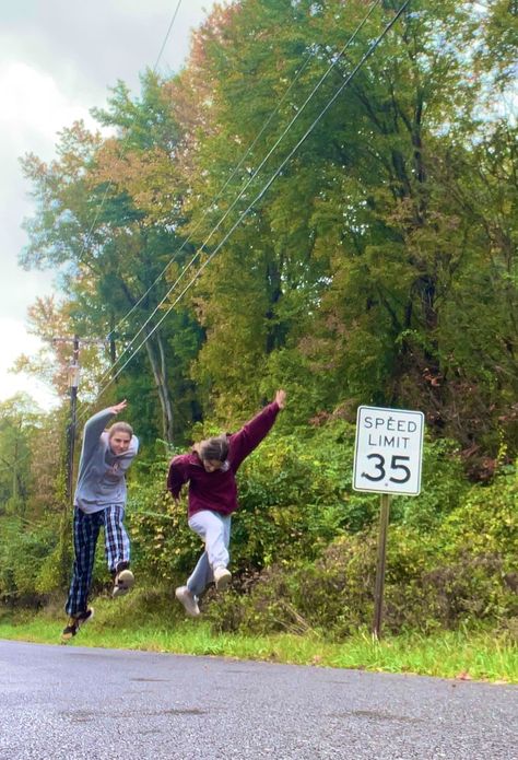 Chaotic best friends, running, upstate NY, New York, nature, rain, road, fun, fall, autumn, dream life, best friends, love, funny, chaotic, joke, teenage dream, season, aesthetic, what i want :) Group Picture Poses, Funny Poses, Photo Recreation, I Need Friends, Friend Pictures Poses, Shotting Photo, 사진 촬영 포즈, Speed Limit, Best Friends Shoot