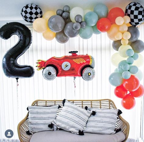 Muted Race Car Theme, Retro Two Fast Birthday, Race Car Balloon Decor, Car Balloon Decorations, Retro Car Birthday Party, Retro Race Car Birthday, Two Fast Party, Diego Cake, Car Balloon