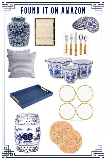 Blue And White Kitchen Accessories, Blue And White Chinoiserie Decor, Blue And White Outdoor Decor, Blue And White Pool Decor, Blue Chinoiserie Tablescape, Chinoiserie Coffee Table Decor, White Tray Decor, Blue And White Patio, Blue And White Charger Plate