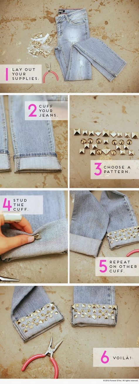 Must Try This Sometime, I have a pair of jeans that I rolled up and could use for this. Jean Diy, Diy Jeans, Sew Ins, Diy Vetement, Costura Diy, Studded Jeans, Jeans Diy, Old Clothes, Old Jeans