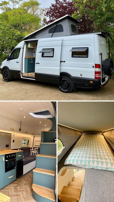 Here is yet another incredible VW Crafter van build. This time with a staircase leading to a pop top upstairs bedroom. Omgebouwde Bus, Astuces Camping-car, Van Vw, Van Conversion Interior, Kombi Home, Combi Volkswagen, Campervan Life, Build A Camper Van, Build A Camper