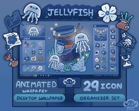 Laptop Theme Wallpaper, Jellyfish Desktop, Laptop Organizer Wallpaper, Laptop Aesthetic, Wallpaper Organizer, Cute Desktop, Widget Board, Desktop Themes, Twitch Streaming