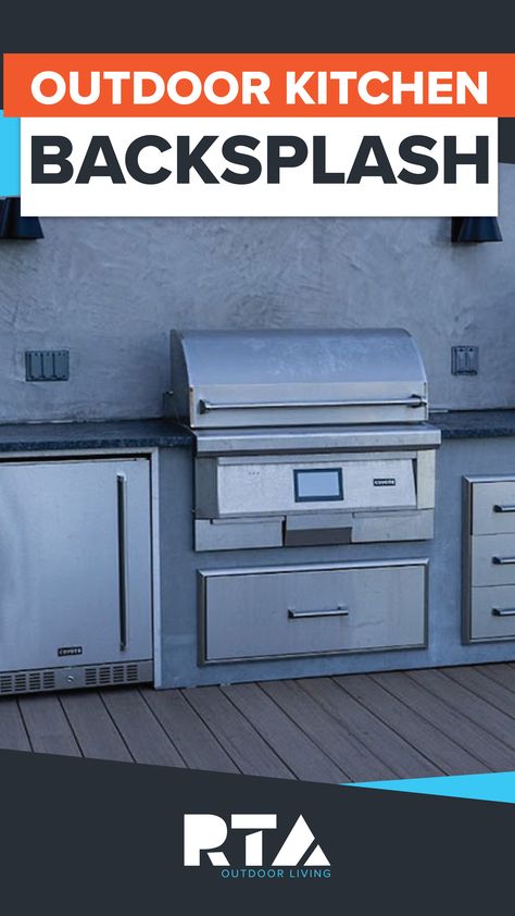 Outdoor kitchen with built-in pellet grill, with a concrete backsplash. Outdoor Bbq Backsplash Ideas, Outdoor Backsplash Ideas, Backsplash For Outdoor Kitchen, Bbq Backsplash Outdoor, Outdoor Kitchen Tile Backsplash, Outdoor Kitchen Wall Ideas, Outdoor Kitchen Backsplash Ideas, Outdoor Kitchen Backsplash, Porch Grill