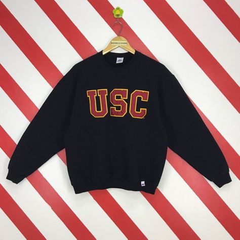 University Southern California, Usc Sweatshirt, Screen Printing Shirts Design, Vintage Knitwear, College Stuff, Unisex Clothes, Usc Trojans, Screen Printing Shirts, Black Crewneck