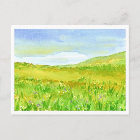 Wildflower Prairie Watercolor Painting Postcard Size: ' ' Postcard. Color: blue. Gender: unisex. Age Group: adult. Material: Matte. Watercolor Grass Field, Meadow Reference, Wildflower Painting Easy, Meadow Drawing, Watercolour Meadow, Watercolor Field, Watercolor Meadow, Grass Painting, Art Masterpieces