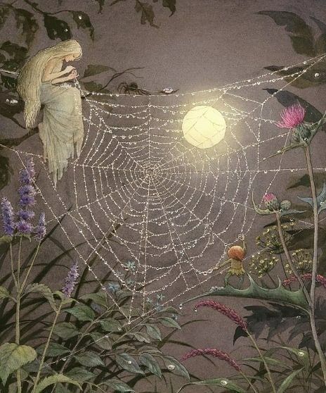 Spiderwebs and fairies. Illustration from 1952 by Japanese illustrator Asako Eguchi. Spider Web, In The Middle, The Middle, Moon, Plants, Flowers