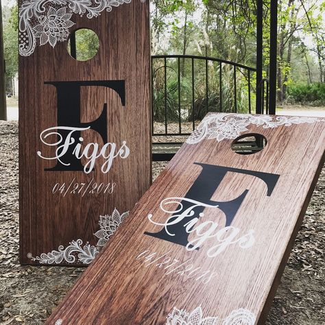 Painted Corn Hole Boards, Rustic Bridal Shower Games, Wedding Cornhole, Shower Games Bridal, Cornhole Boards Designs, Outdoor Bridal Showers, Corn Hole Diy, Cornhole Designs, Rustic Style Wedding