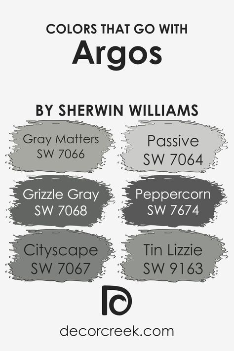 Colors that Go With Argos SW 7065 by Sherwin Williams Argos Sherwin Williams, Gray Paint Colors Sherwin Williams, Grizzle Gray, Colours That Go With Grey, Tin Lizzie, Best Gray Paint Color, Light Grey Paint Colors, Grey Wall Color, Taupe Paint