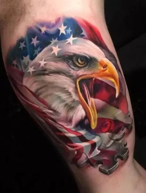 50 Eagle Tattoos: Symbolism, Culture and Design | Art and Design Usmc Tattoo Sleeve, American Flag Sleeve Tattoo, Ripped Skin Tattoo, Bald Eagle Tattoos, American Patriotism, Patriotic Tattoos, Army Tattoos, Armor Tattoo, Biker Tattoos