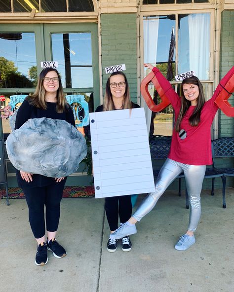 Rock paper shears halloween costume Rock Paper Scissors Halloween Costumes, Diy Rock Paper Scissors Costume, Rock Paper Scissors Costume Diy, Scissors Costume, Rock Paper Scissors Costume, Witches And Warlocks, How To Make Rocks, 3 People Costumes, Halloween Costumes Diy