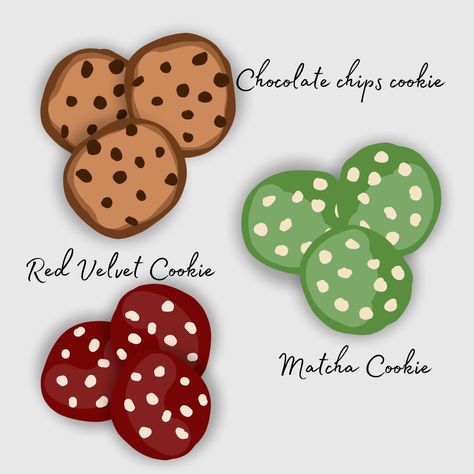 Cookies Drawing Easy, Cookies Drawing, Cookies Illustration, Cookie Drawing, Velvet Cookies, Matcha Cookies, Crumbl Cookies, Red Velvet Cookies, Yummy Cookies