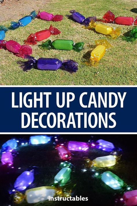 Diy Outdoor Lollipop Decorations, Halloween Candy House Decorations, Candy Lights Christmas, Cheap Christmas Decor Outdoor, Diy Candy Yard Decorations, Diy Yard Candy Decorations, Making Candy Decorations, Diy Outdoor Santa Claus, Christmas Candy Float Ideas