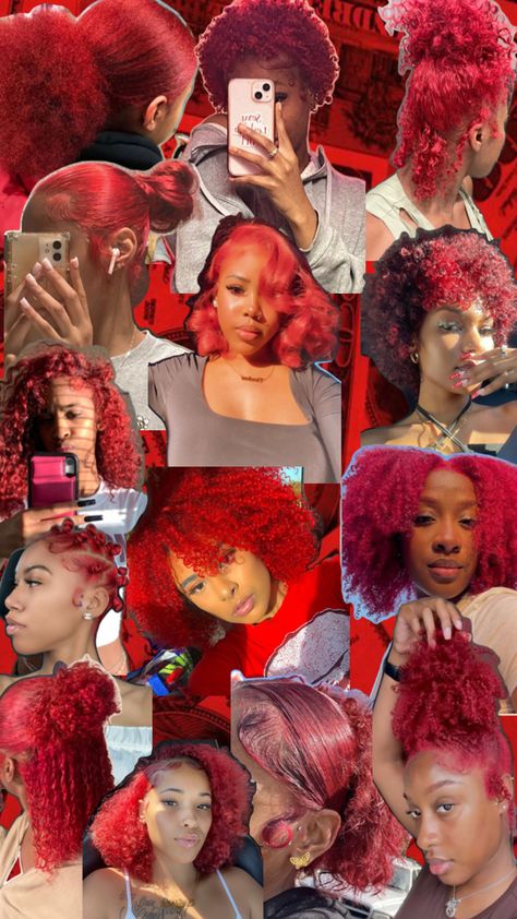 Red Red Hair Black Women Hairstyles, Unique Hair Dye Ideas For Black Hair, Red Hair Dye Black Women, Red 4c Hair, Red Curly Hair Black Women, Red Afro Hair, Red Natural Hair Black Women, Dyed Curly Hair Ideas Colour, Red Dyed Hair