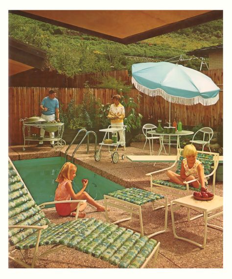 Retro Pool Furniture, 60s Backyard, 1960s Backyard, 70s Backyard, Retro Backyard, Retro Patio, Giki Tiki, Vintage Patio, Summer Backyard