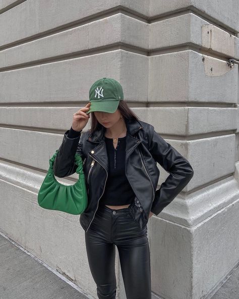 BeingIsabella’s Instagram photo: “leather weather 🖤💚 can’t get enough of the black and green colour combination at the moment! Jacket: @mollybracken_official Bag:…” Baseball Cap Outfit, Green Color Combinations, Cap Outfit, Colour Combination, Green Colour, Baseball Caps, Green Colors, Color Combinations, The Black