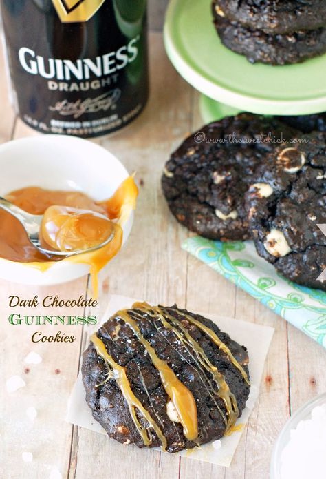 Dark Chocolate Guinness Cookies by The Sweet Chick Dark Chocolate Rice Krispie Treats, Guinness Cookies, Guinness Recipes, Boozy Treats, Chocolate Rice Krispie Treats, Irish Desserts, Crazy Food, Cupcake Shop, Dark Chocolate Cookies