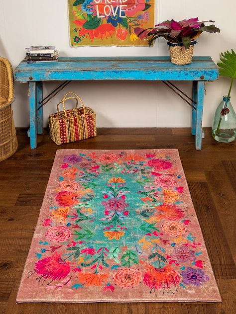 Colorful Bathroom Rug, Jeju House, Mexican Style Living Room, Barstool Ideas, Bohemian Bungalow, Mexican Bedroom, Colorful Boho Home, Colourful Living Room Decor, Boho Garden