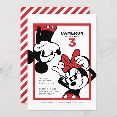 Mickey & Minnie Red & Black Birthday Invitation Mickey And Minnie Birthday Party Invites, Mickey And Minnie Birthday Invitations, Mickey And Minnie Invitations, Mickey And Minnie Birthday Party Decor, Minnie And Mickey Birthday Party, Mickey And Minnie Birthday Party, Minnie Invitations, Baby Handprint Art, Baby Handprint Crafts