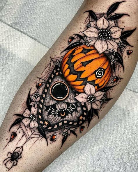 Aggrogoth Tattoo, Ouija Tattoo, Holiday Tattoo, Gotik Tattoo, Cute Halloween Tattoos, Halloween Tattoos Sleeve, Pumpkin Tattoo, Dibujos Tattoo, Movie Tattoos