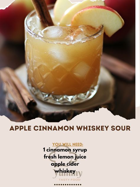 🍎✨ Elevate your cocktail game with this irresistible Apple Cinnamon Whiskey Sour! 🥃🍏 Apple Cinnamon Whiskey Sour Ingredients: - 2 oz whiskey - 1 oz apple cider - 1 oz fresh lemon juice - 1/2 oz cinnamon syrup - Apple slices and cinnamon sticks for garnish Instructions: 1. Fill a shaker with ice. 2. Add whiskey, apple cider, lemon juice, and cinnamon syrup. 3. Shake well and strain into a glass over ice. 4. Garnish with apple slices and a cinnamon stick. 5. Enjoy this cozy and flavorful twi... Apple Cinnamon Whiskey, Cinnamon Whiskey Sour, Whiskey Apple Cider, Cozy Fall Recipes, Cinnamon Whiskey, Apple Bourbon, Whisky Sour, Cinnamon Syrup, Whiskey Sour