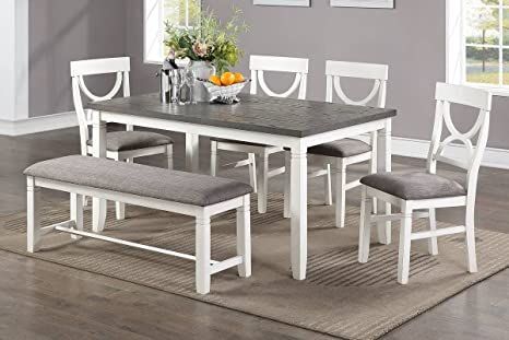 Dining Room Furniture White 6pc Dining Set Table 4 Side Chairs and A Bench Rubberwood Porter Chair, Grey Dining Tables, Gray Table, Casual Dining Rooms, Dinning Set, Solid Wood Chairs, White Dining Table, Grey Dining, Kitchen Benches